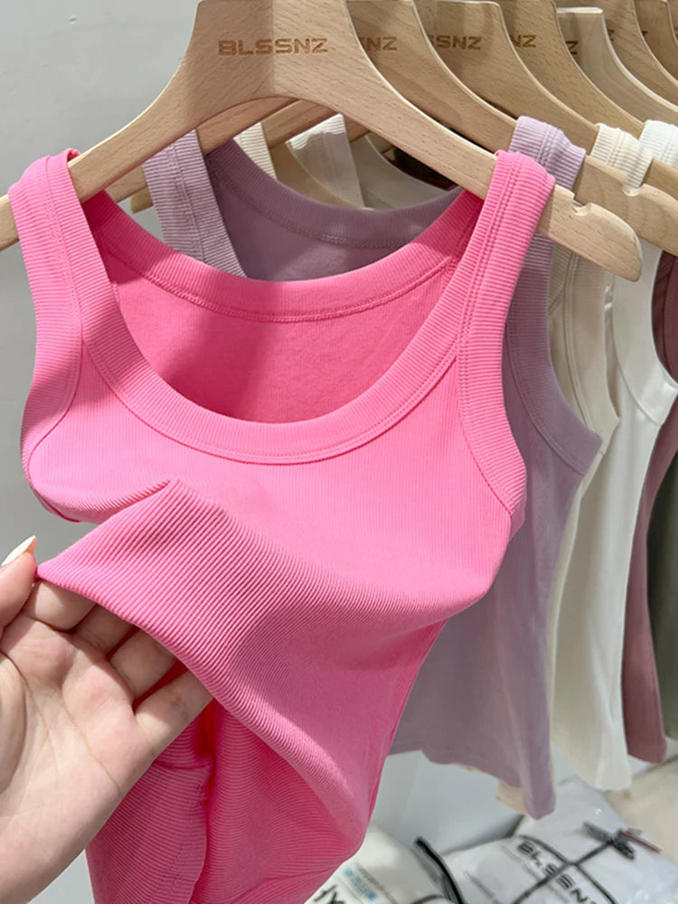 Solid Round Neck Ribbed Tank Top